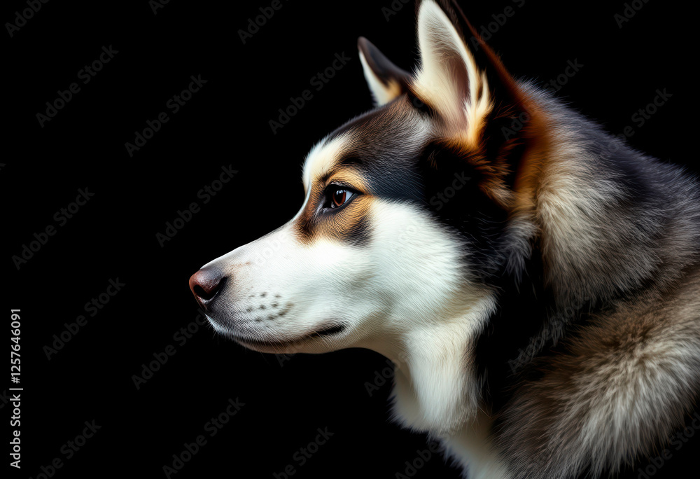 Obraz premium Siberian Husky displays an intense gaze in profile, highlighted by contrasting shadows on a black backdrop, emphasizing its striking features.