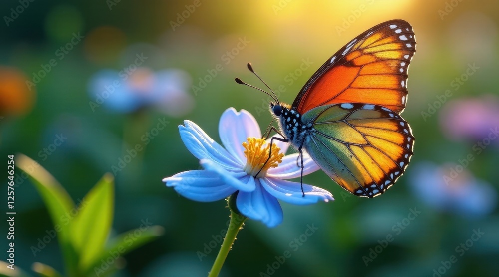 Fototapeta premium Golden Hour Butterfly on a Delicate Blue Flower in a Lush Meadow