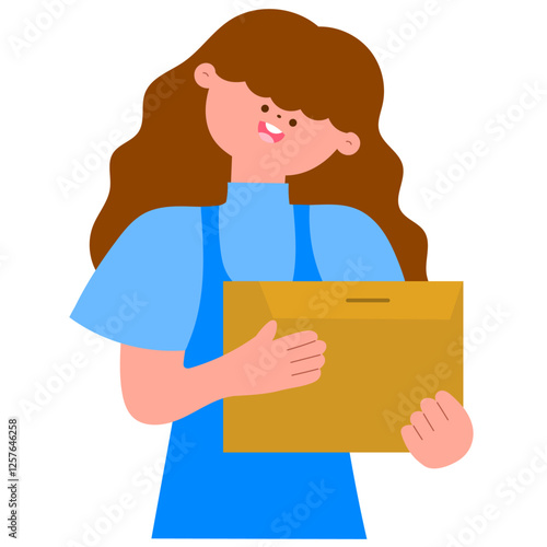 Happy woman holding a delivery parcel, flat vector illustration