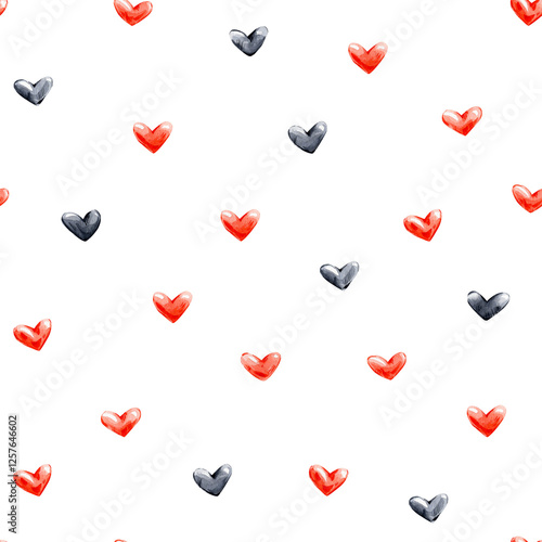 Red and black watercolor hearts seamless pattern. Isolated elements on white background. Cute romantic print for Valentine's Day. Handmade.