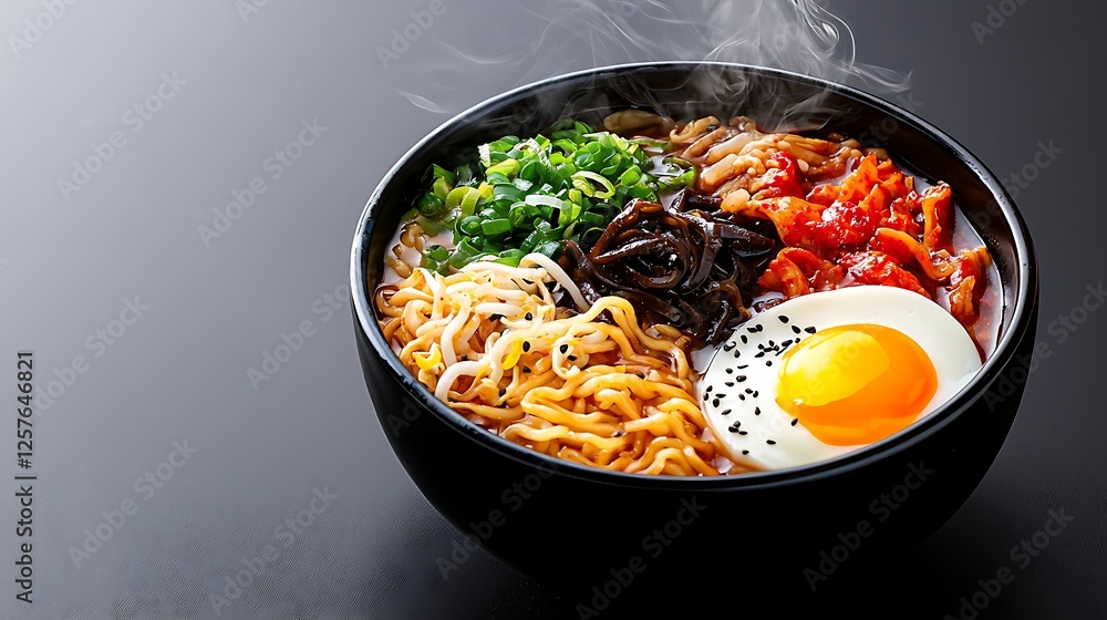 Steaming Bowl Of Colorful Ramen With Egg Steaming Bowl Of Colorful Ramen With Egg