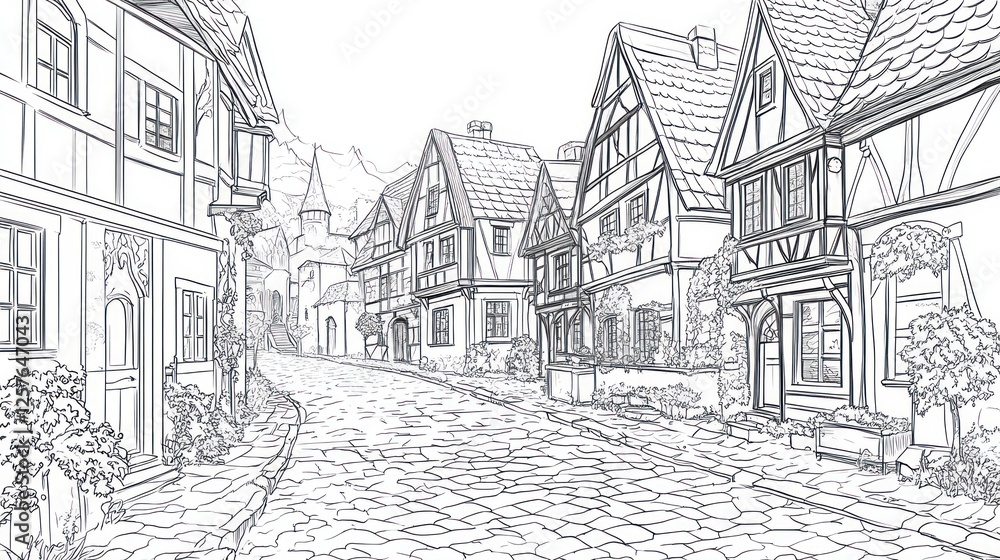 Fototapeta premium Medieval town street, cobblestone road, half-timbered houses, idyllic setting, coloring book