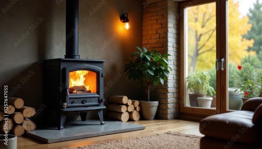 Fototapeta premium Cozy atmosphere with wood and pellet fuel stove , wood stove, rustic decor