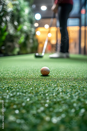 Professional Golfer Preparing to Putt on Indoor Green, Focus on Golf Ball