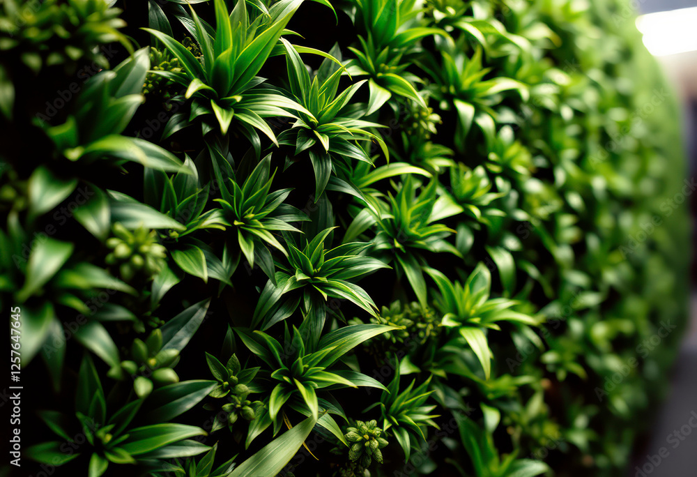A lush array of artificial green plants forms a decorative wall exhibit, bringing outdoor freshness to an indoor space with various shades. A lush array of artificial green plants forms a decorative wall exhibit, bringing outdoor freshness to an indoor space with various shades.