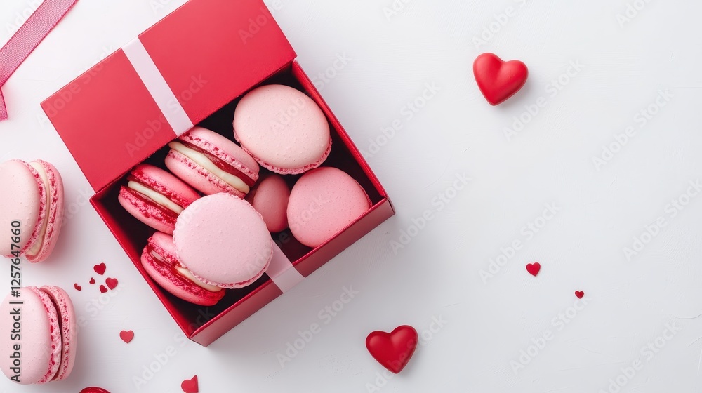 Fototapeta premium Macarons in heart shape in gift box isolated on pink background,events,aniversary festival gift set,french macaron cookies,trendy 2025,couple valentine Romantic love or pastry shop.