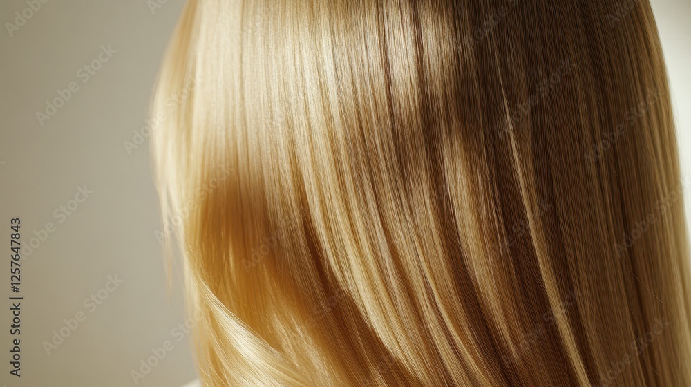 Naklejka premium Beautiful model girl with Blond hair strand,silky healthy wavy hair strand,hair wavy ribbon, with smooth,Keratin straightening,Treatment,straight long hair,procedures,Smooth hairstyle.