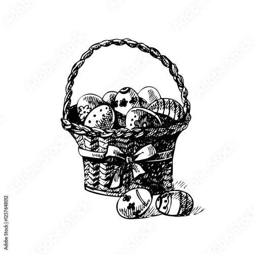 Easter eggs and basket sketch. Hand drawn vintage illustration