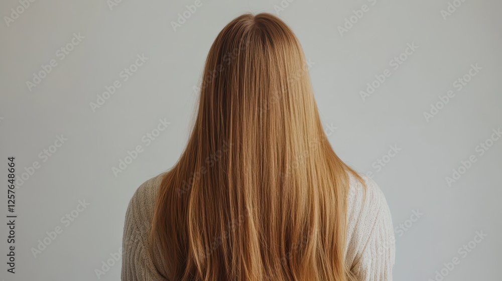 Naklejka premium Beautiful model girl with Blond hair strand,silky healthy wavy hair strand,hair wavy ribbon, with smooth,Keratin straightening,Treatment,straight long hair,procedures,Smooth hairstyle.