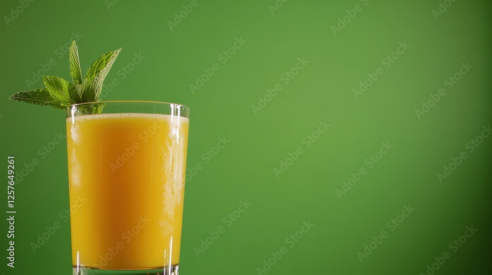 Refreshing orange juice adorned with mint sprig against a green backdrop Refreshing orange juice adorned with mint sprig against a green backdrop