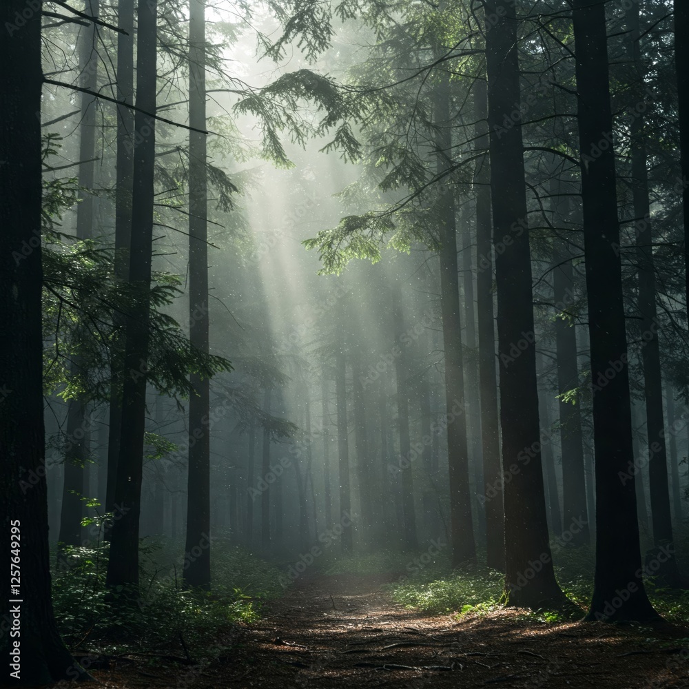 Obraz premium Fog in nature, mystical forest and beautiful scenery