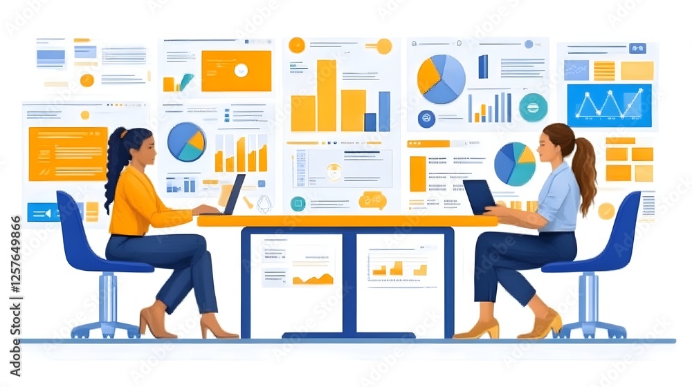 Data Analysis Collaboration: Two diverse businesswomen collaborate on a data analysis project, surrounded by charts, graphs, and data visualizations. The image emphasizes teamwork. Data Analysis Collaboration: Two diverse businesswomen collaborate on a data analysis project, surrounded by charts, graphs, and data visualizations. The image emphasizes teamwork.
