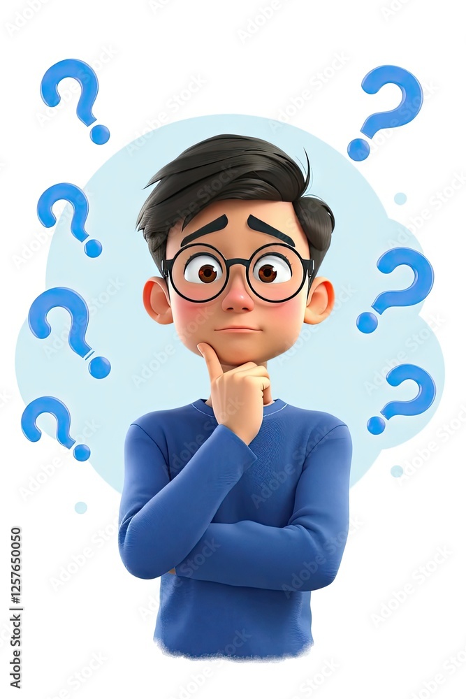 Boy Thinking with Question Marks Character Cartoon Seeking Answers Boy Thinking with Question Marks Character Cartoon Seeking Answers