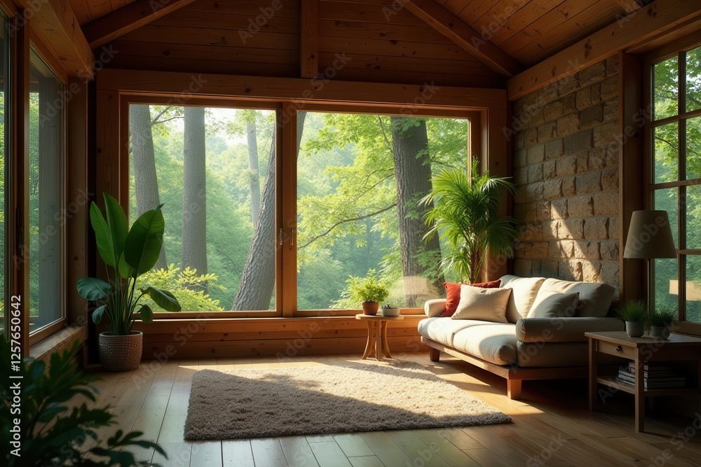 Fototapeta premium Serene forest view living room with wooden walls and large windows, featuring a comfortable sofa, plush rug, and potted plants, bathed in natural sunlight.