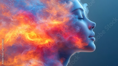 Fiery Transformation: A serene woman's profile is engulfed in a mesmerizing blend of fire and smoke, creating a surreal and powerful visual representation of inner strength and transformation.   photo