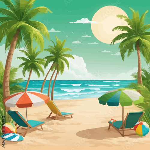 Vector art of a tranquil tropical beach with twin green sun umbrellas, wooden sun loungers, palm trees, and colorful beach balls.