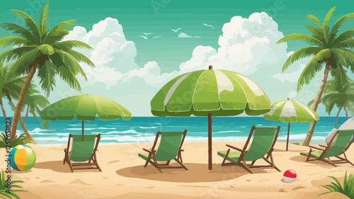 Vector art of a tranquil tropical beach with twin green sun umbrellas, wooden sun loungers, palm trees, and colorful beach balls.