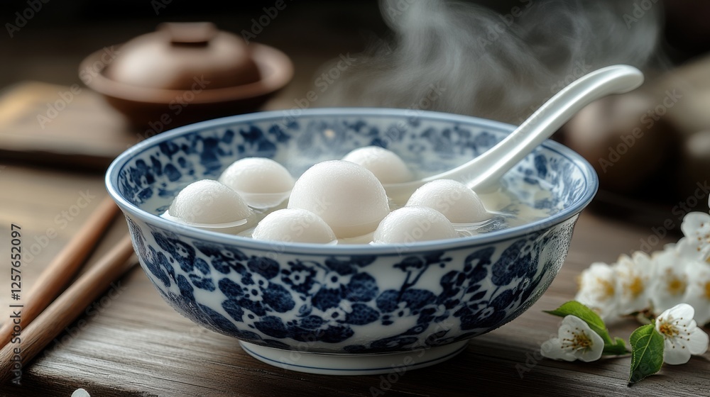 Delightful dessert of sweet glutinous rice balls in warm syrup served in a classic blue and white bowl on a wooden table Delightful dessert of sweet glutinous rice balls in warm syrup served in a classic blue and white bowl on a wooden table