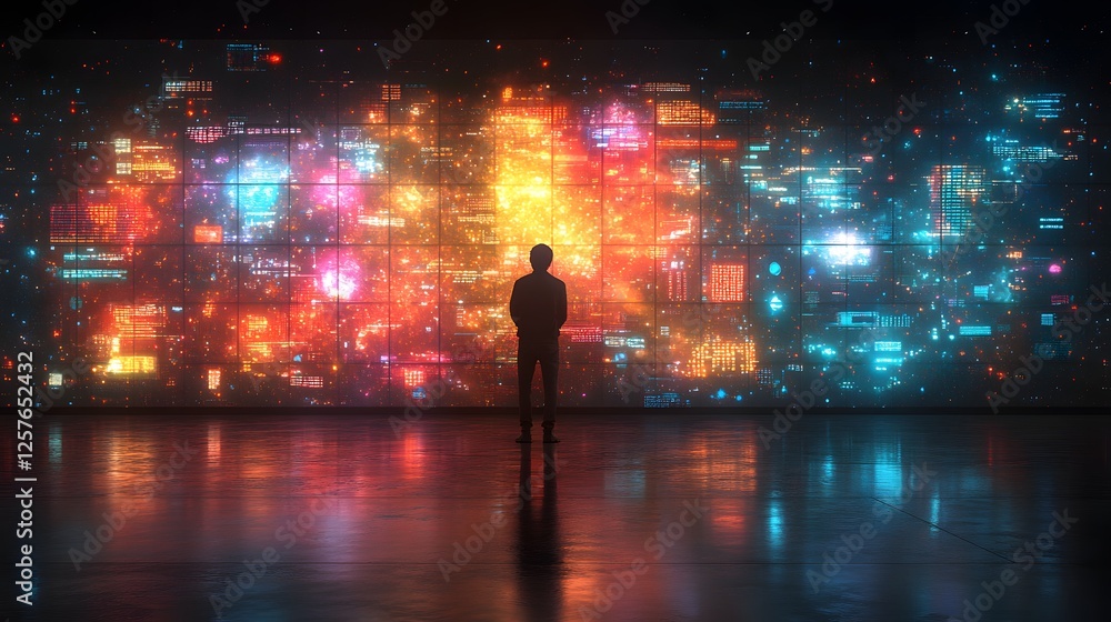 The Information Age: A lone figure stands in silhouette before a massive digital display, overwhelmed by a dazzling tapestry of vibrant data. The Information Age: A lone figure stands in silhouette before a massive digital display, overwhelmed by a dazzling tapestry of vibrant data.