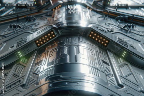 Futuristic metallic spaceship interior with illuminated panels and intricate circuitry.