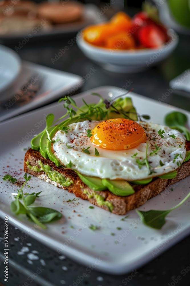 Delicious breakfast featuring toast topped with avocado, a sunny side up egg, and fresh herbs served in a cozy cafe setting on a sunny morning Delicious breakfast featuring toast topped with avocado, a sunny side up egg, and fresh herbs served in a cozy cafe setting on a sunny morning