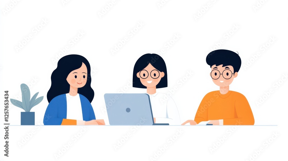 teamwork: cartoon people collaborating at a laptop teamwork: cartoon people collaborating at a laptop