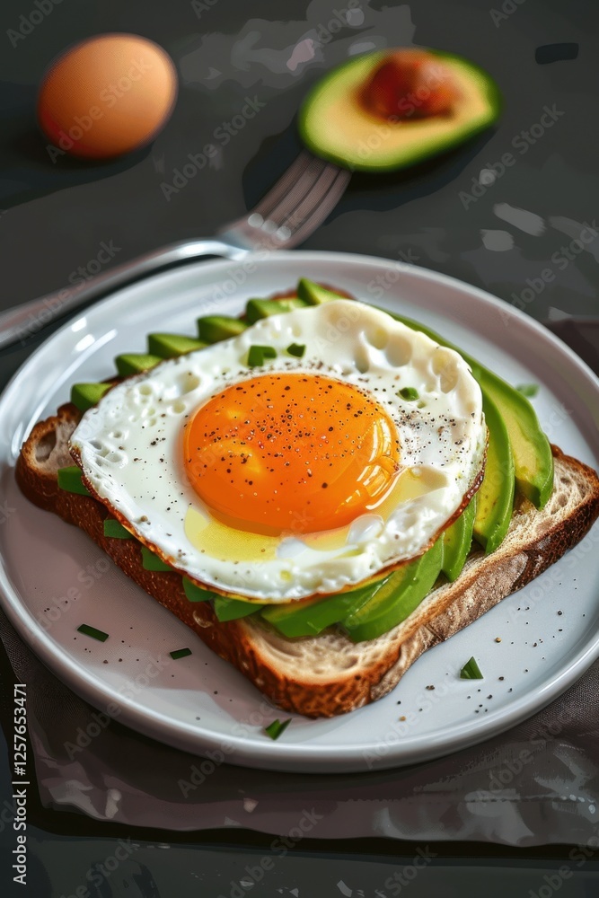 Delicious avocado toast topped with a perfectly fried egg on whole grain bread with seasoning in a cozy kitchen setting Delicious avocado toast topped with a perfectly fried egg on whole grain bread with seasoning in a cozy kitchen setting