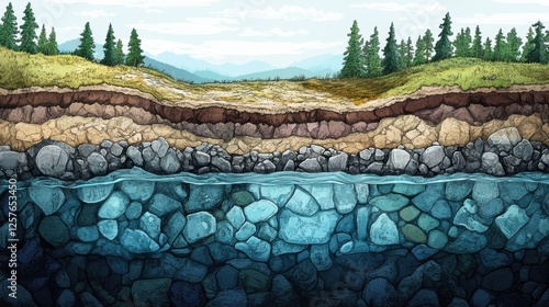 A detailed illustration of an aquifer below the ground,