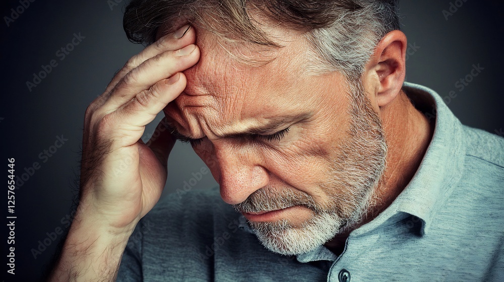 Distressed Man Holding Forehead Feeling Headache With Gray Background And Dim Lighting Distressed Man Holding Forehead Feeling Headache With Gray Background And Dim Lighting