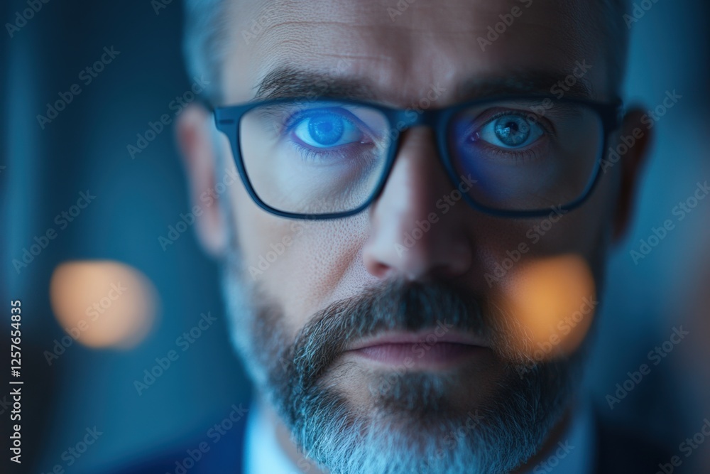 man with glasses reflecting blue light man with glasses reflecting blue light