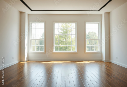 Open space featuring large windows that bring in abundant natural light, highlighting the warm wooden floor of this minimalist room.