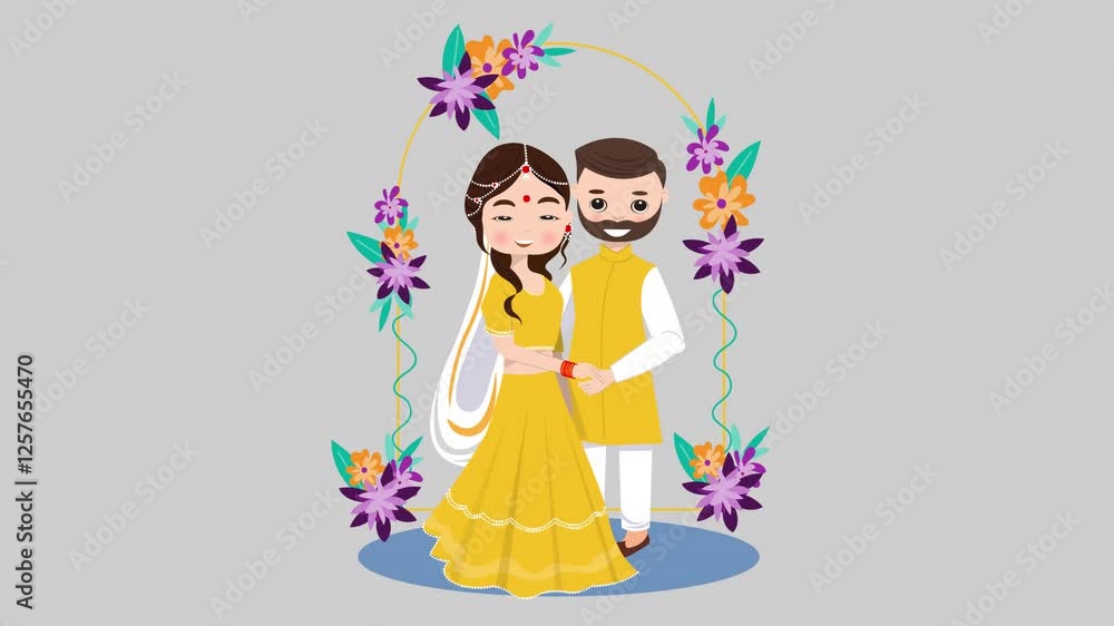 Represent the wedding haldi concept with 2D flat character animation. Characters engage in the haldi ritual, apply turmeric, and celebrate in a sleek, minimalist design. Represent the wedding haldi concept with 2D flat character animation. Characters engage in the haldi ritual, apply turmeric, and celebrate in a sleek, minimalist design.