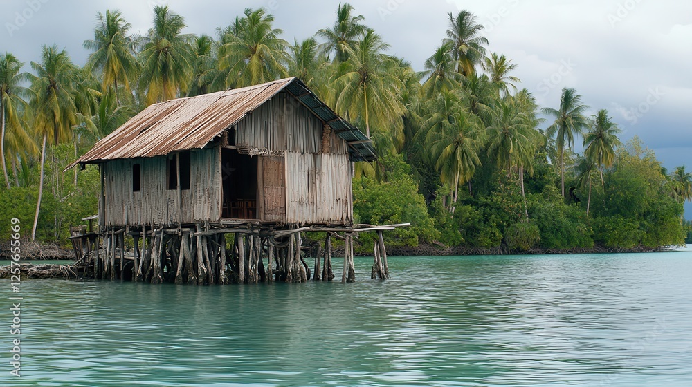 Tropical stilt house, island lagoon, palm trees, cloudy day, travel Tropical stilt house, island lagoon, palm trees, cloudy day, travel