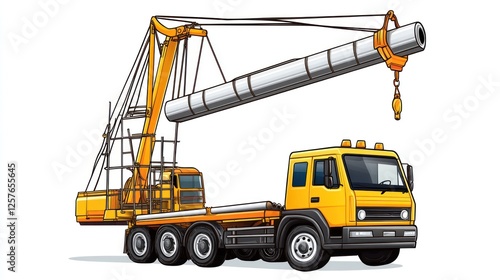 Crane Truck Lifting Long Pipe - Industrial Scene - Transportation photo