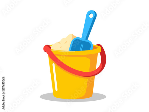 A yellow bucket with a red handle contains sand and a blue shovel, indicating beach activities.