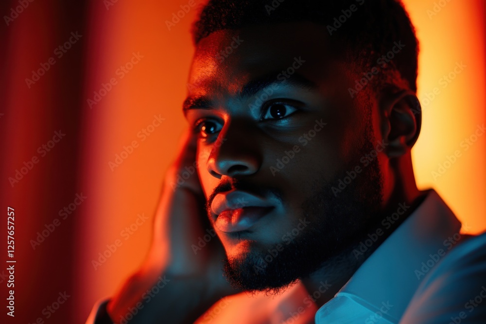 man with contemplative expression in colored lighting. man with contemplative expression in colored lighting.