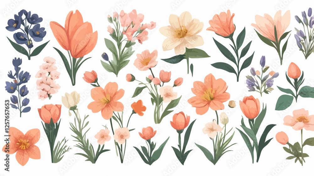A graceful collection of spring flowers featuring soft orange, blue, and yellow blossoms, ideal for wedding stationery, greeting cards, and nature-inspired designs. A graceful collection of spring flowers featuring soft orange, blue, and yellow blossoms, ideal for wedding stationery, greeting cards, and nature-inspired designs.