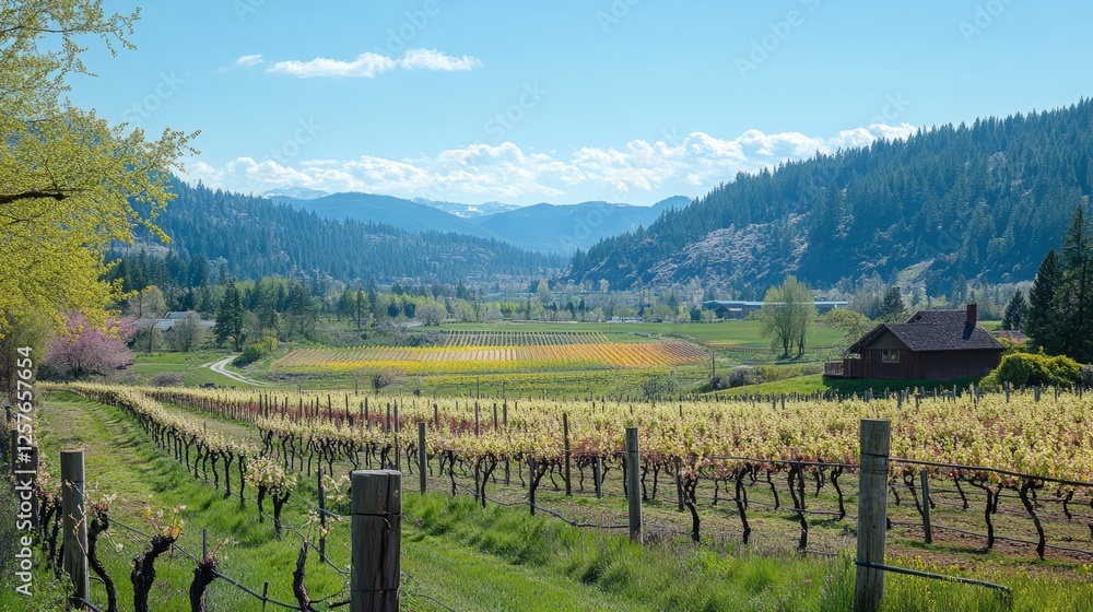 Fototapeta premium A scenic view of a vineyard with grapevines starting to bloom under the spring sun 