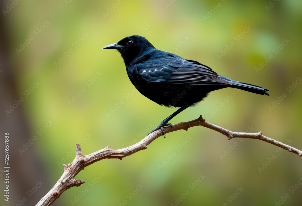 Obraz premium Common blackbird sits gracefully on a branch in a forest, surrounded by soft green foliage in the gentle morning light.