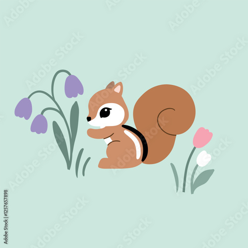 Cute vintage squirrel with wildflowers. Hand drawn vector chipmunk illustration. Perfect for tee shirt logo, greeting card, poster, invitation or print design. EPS10 vector file.