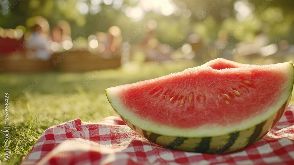 A close-up of a juicy watermelon slice being enjoyed at a summer picnic A close-up of a juicy watermelon slice being enjoyed at a summer picnic