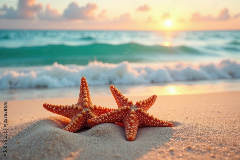 Two starfish resting on a sandy beach at sunset, bathed in golden light, with gentle ocean waves in the background. Two starfish resting on a sandy beach at sunset, bathed in golden light, with gentle ocean waves in the background.