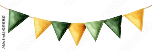 Watercolor Triangle Pennant Banner with Green and Gold Flags, Perfect for Festive Celebrations and Party Decorations, Isolated on White Background Cutout