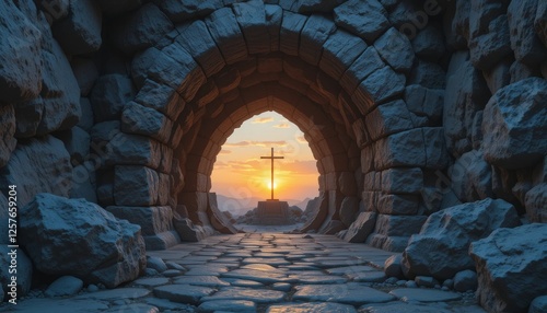 A rocky tomb with a cloth inside and an open stone entrance revealing three crosses against a glowing sunset sky photo