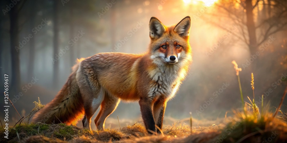 Majestic Red Fox Standing in a Misty Forest at Sunrise Majestic Red Fox Standing in a Misty Forest at Sunrise