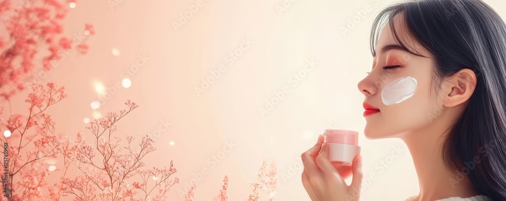 Asian young woman applying cream to her face in routine self care Asian young woman applying cream to her face in routine self care