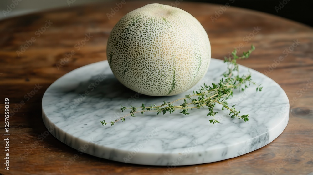 Fresh melon and thyme resting on marble tray on wooden table Fresh melon and thyme resting on marble tray on wooden table
