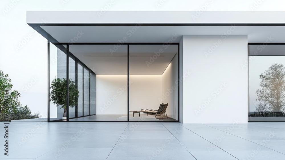 Fototapeta premium Modern house exterior, glass wall, patio, minimalist design, calm background, architectural visualization