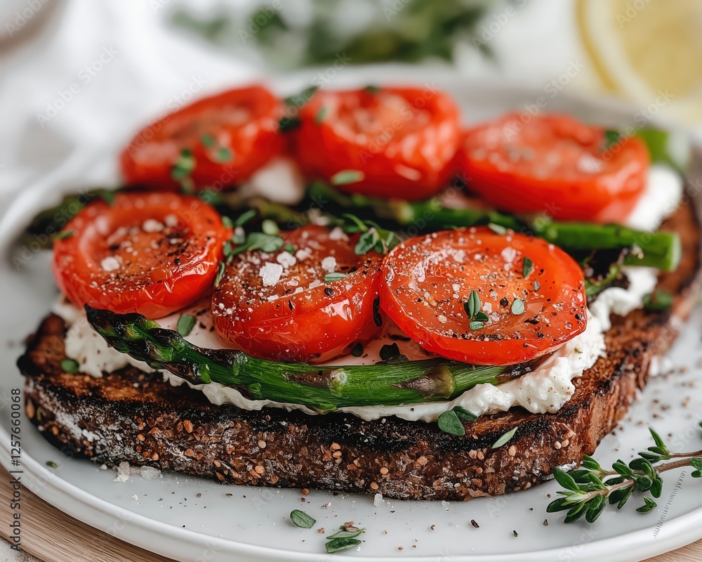 Generative AI, Charred Tomato & Asparagus Tartine with Whipped Goat Cheese Generative AI, Charred Tomato & Asparagus Tartine with Whipped Goat Cheese
