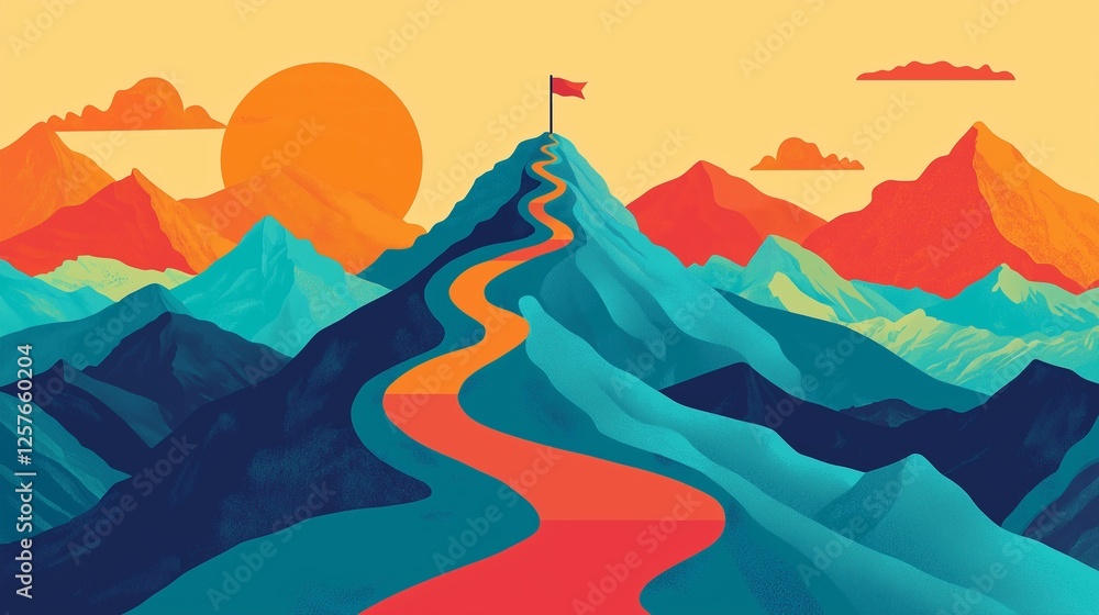 Fototapeta premium A winding path leads through colorful mountains to a flag on a peak, symbolizing the journey to success.